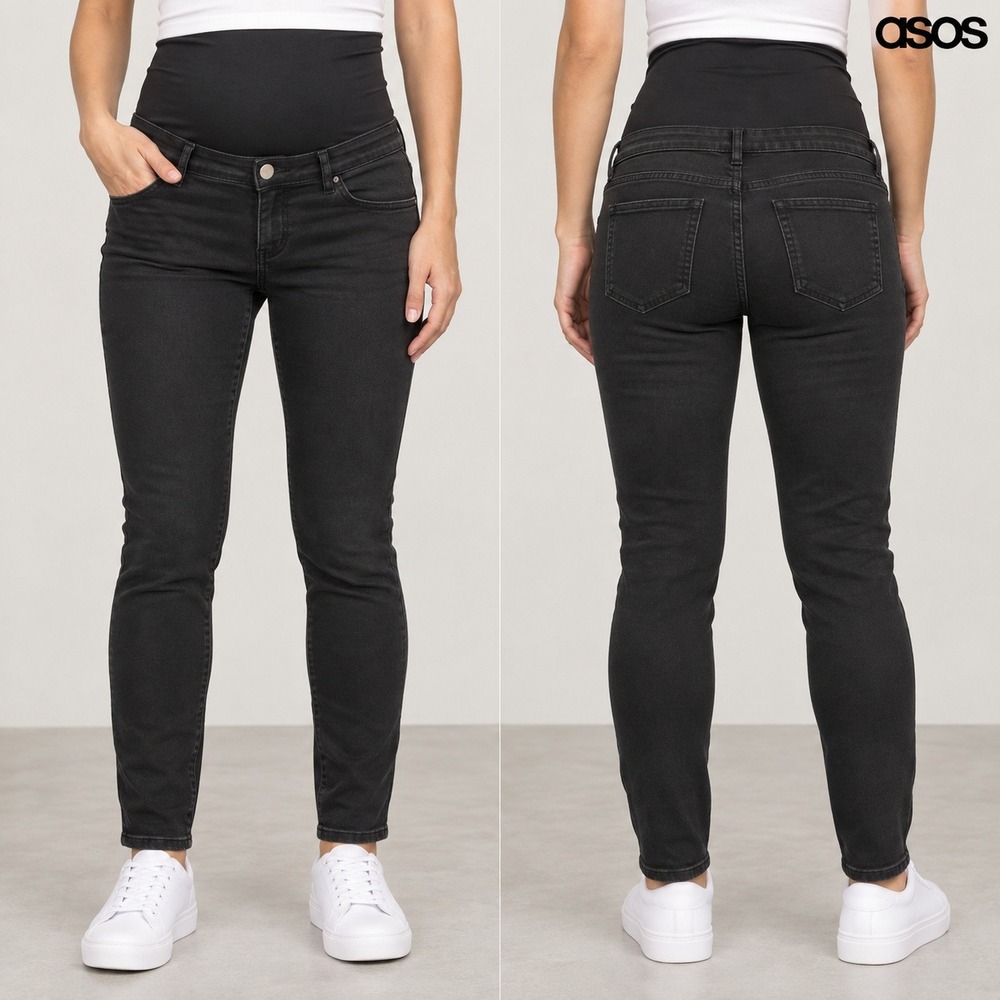 ASOS Denim Maternity Jeans Women UK 14 Black Over Belly Skinny Stretch 31 Inseam